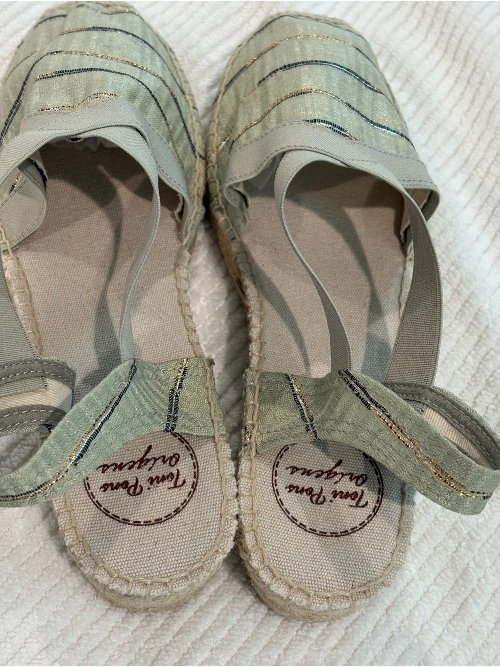 Toni Pons Women’s Metallic Striped Espadrille Flats Strap Green/Gold EU 40 NEW